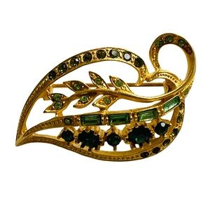 Vintage Style Goldtone And Green Rhinestone Leaf Brooch